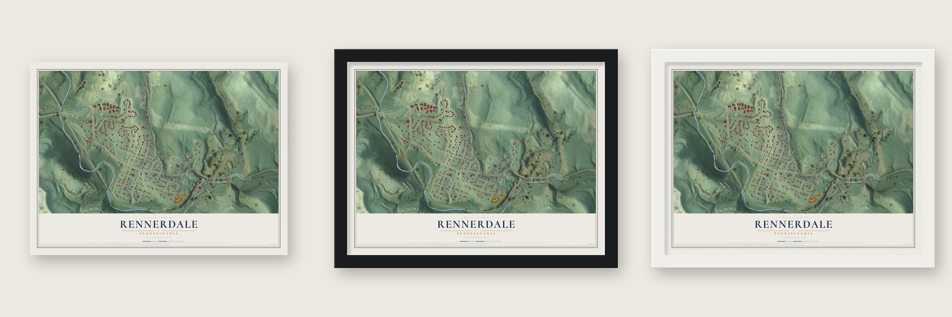 Rennerdale, Pennsylvania map unframed, in a black wood frame and in a white wood frame