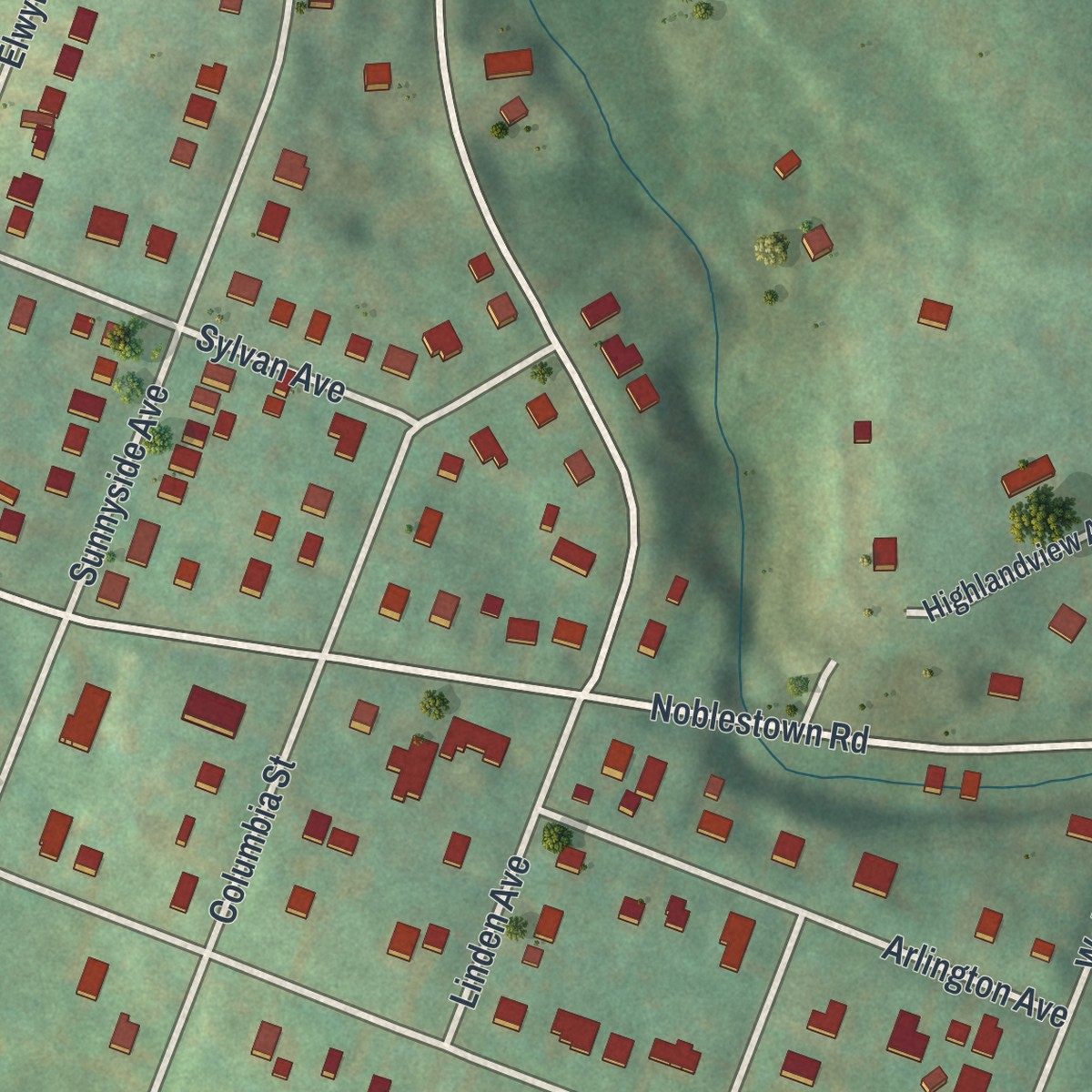 Second close-up of the map of Rennerdale, Pennsylvania print showing more streets and buildings