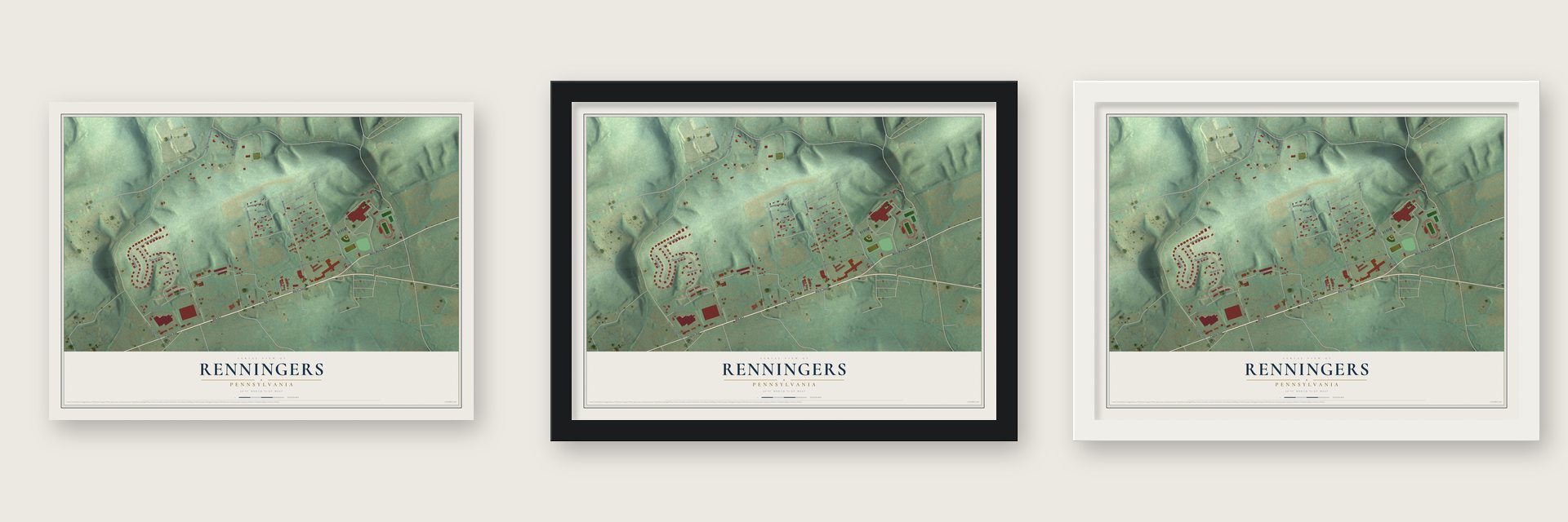 Renningers, Pennsylvania map unframed, in a black wood frame and in a white wood frame