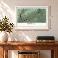 Renningers, Pennsylvania map, 12 x 18 inch print in a white frame in an entryway