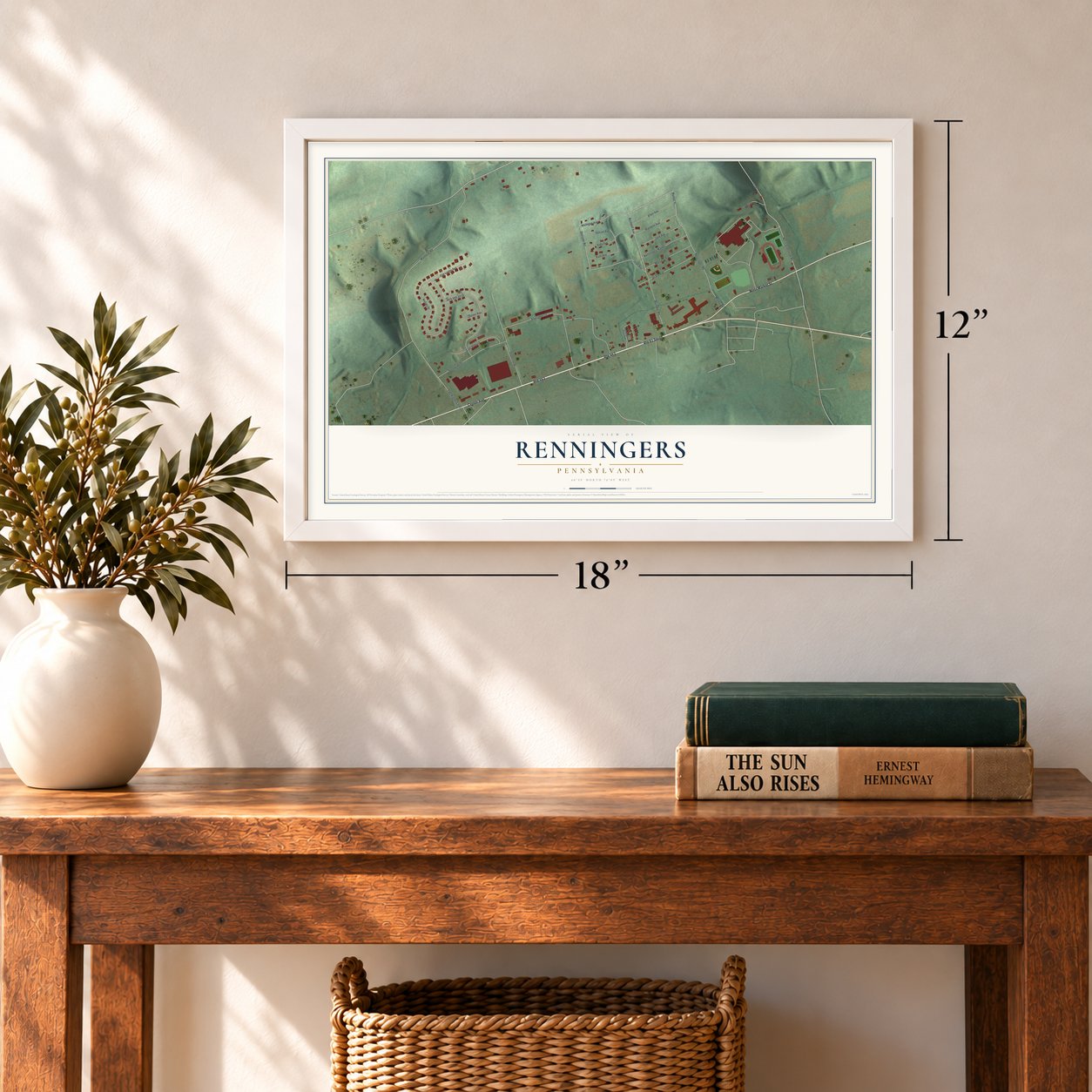 Renningers, Pennsylvania map, 12 x 18 inch print in a white frame in an entryway