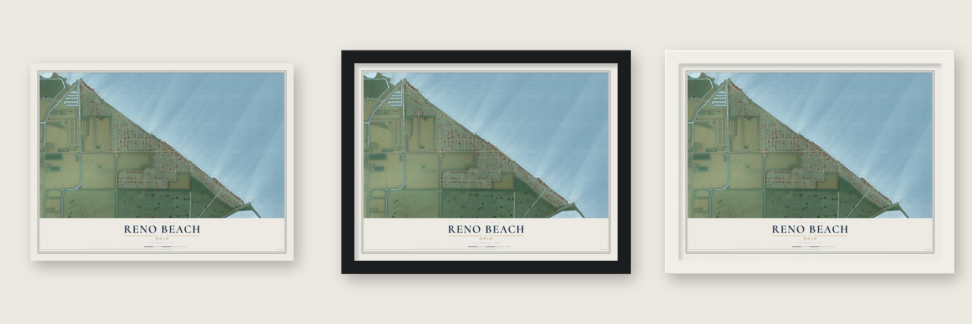 Reno Beach, Ohio map unframed, in a black wood frame and in a white wood frame