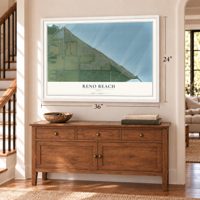 Reno Beach, Ohio map, 24 x 36 inch print in a white frame above a dresser by a staircase