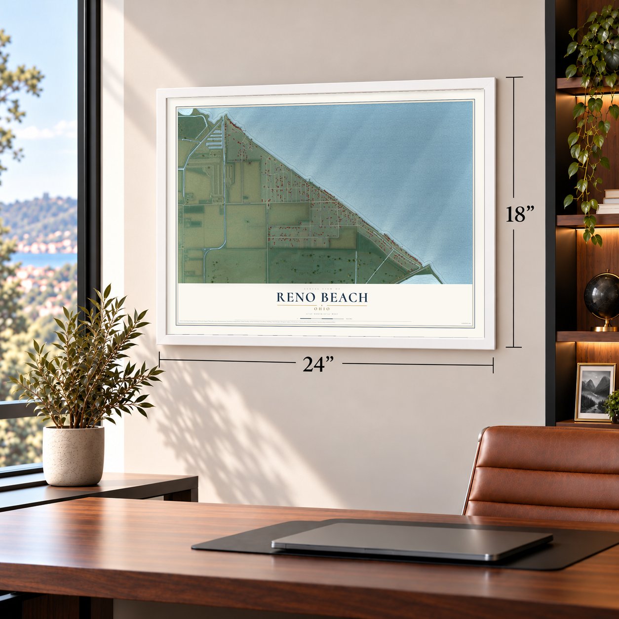 Reno Beach, Ohio map, 18 x 24 inch print in a white frame in a home office