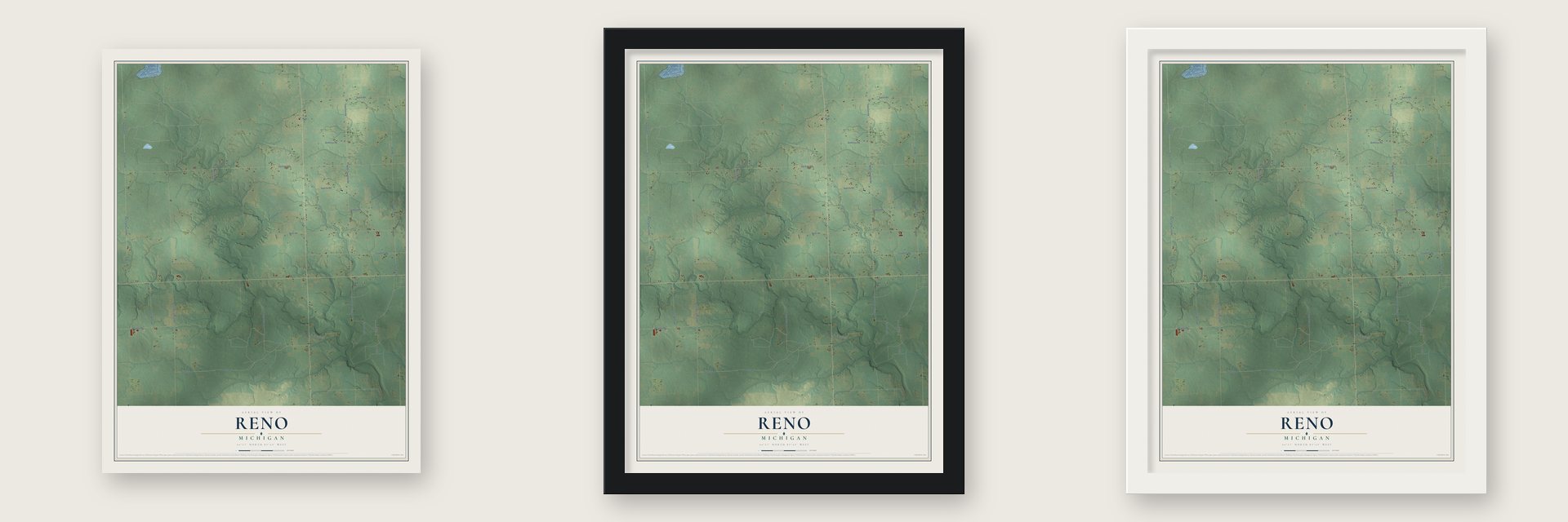 Reno, Michigan map unframed, in a black wood frame and in a white wood frame