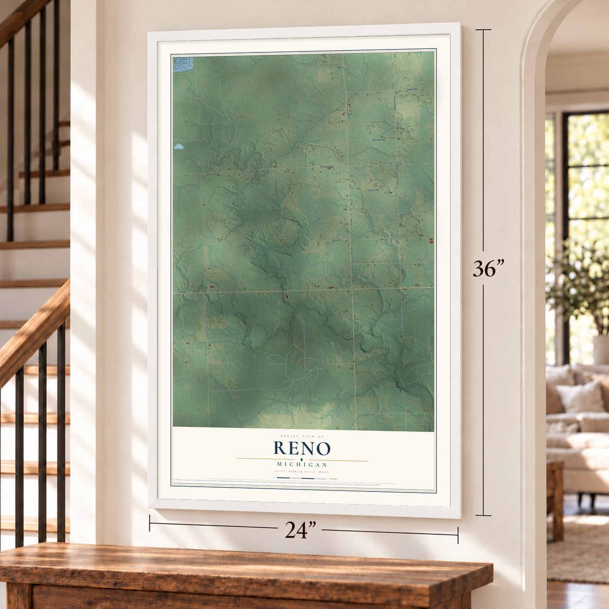 Reno, Michigan map, 24 x 36 inch print in a white frame by a staircase