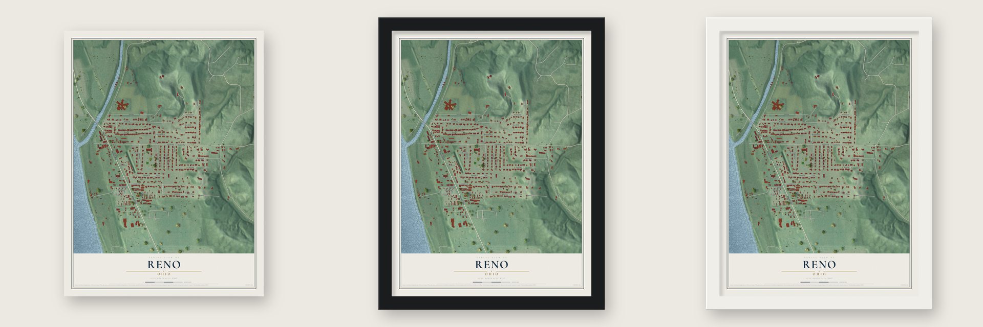 Reno, Ohio map unframed, in a black wood frame and in a white wood frame