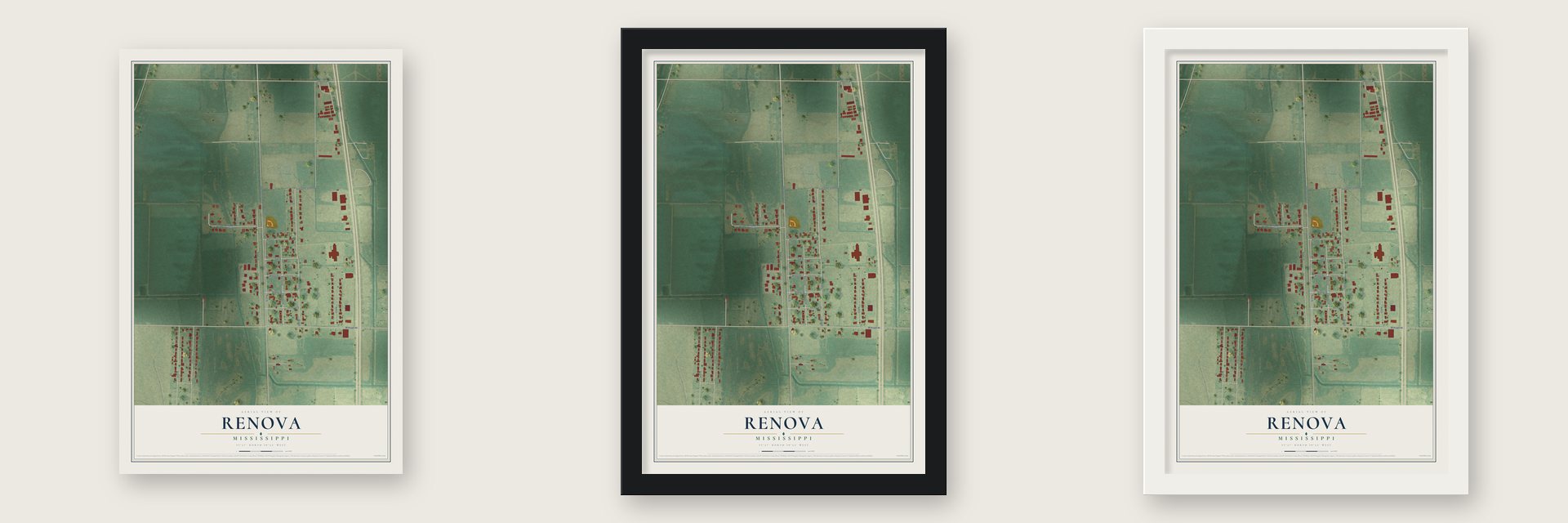 Renova, Mississippi map unframed, in a black wood frame and in a white wood frame