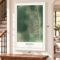 Renova, Mississippi map, 24 x 36 inch print in a white frame by a staircase