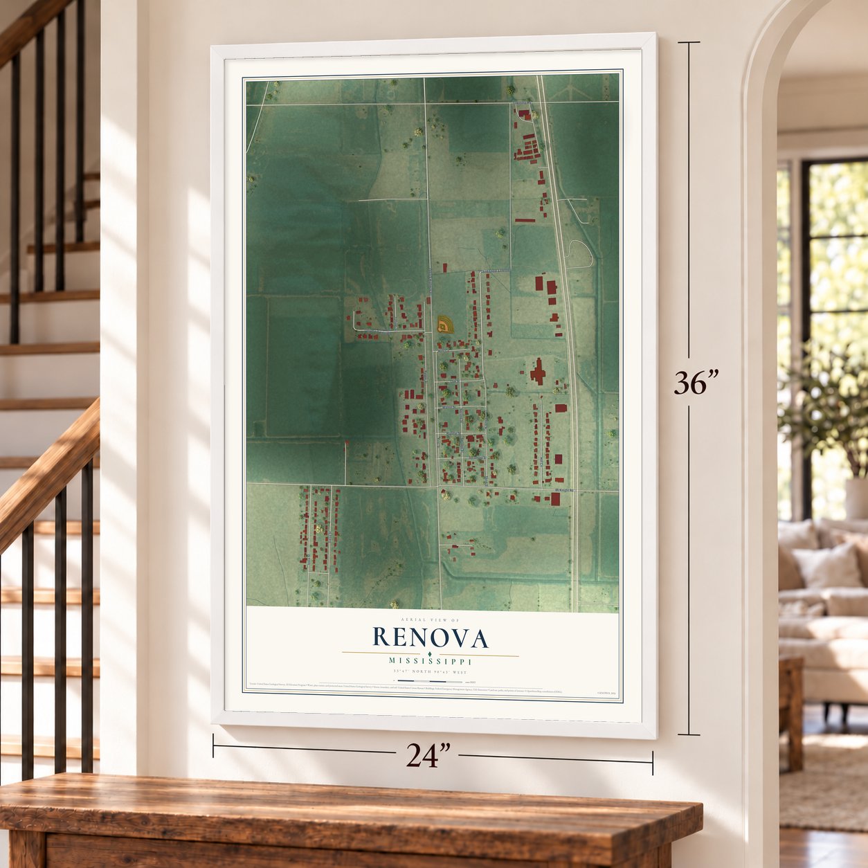 Renova, Mississippi map, 24 x 36 inch print in a white frame by a staircase