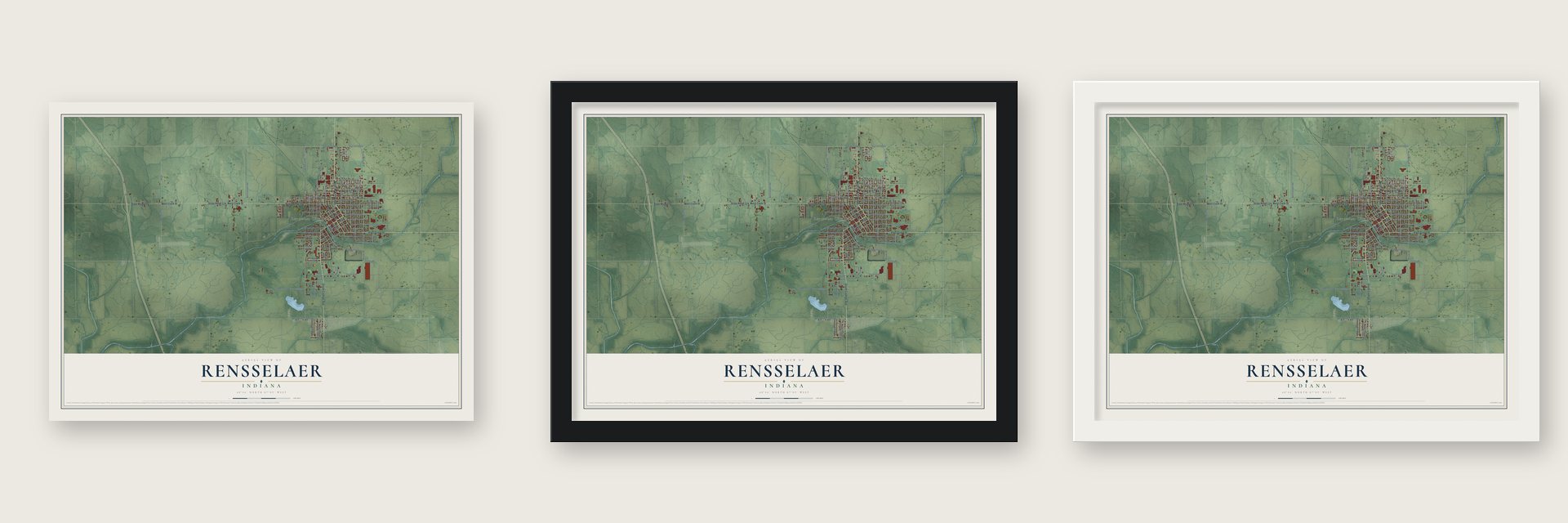Rensselaer, Indiana map unframed, in a black wood frame and in a white wood frame