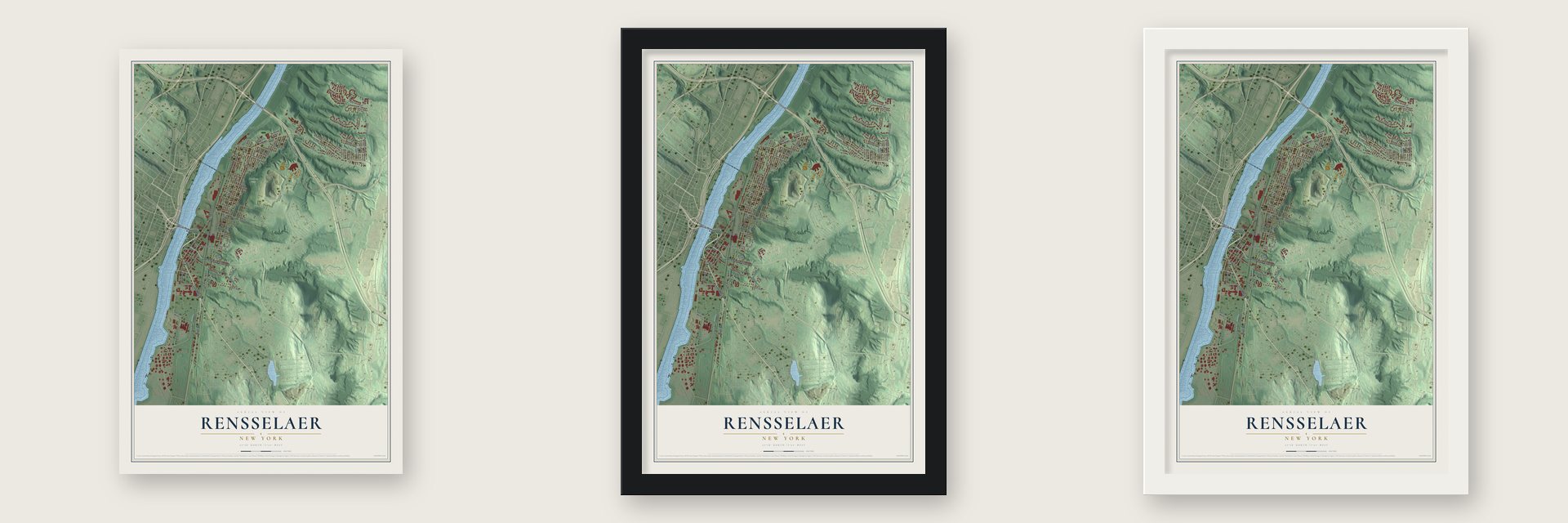 Rensselaer, New York map unframed, in a black wood frame and in a white wood frame
