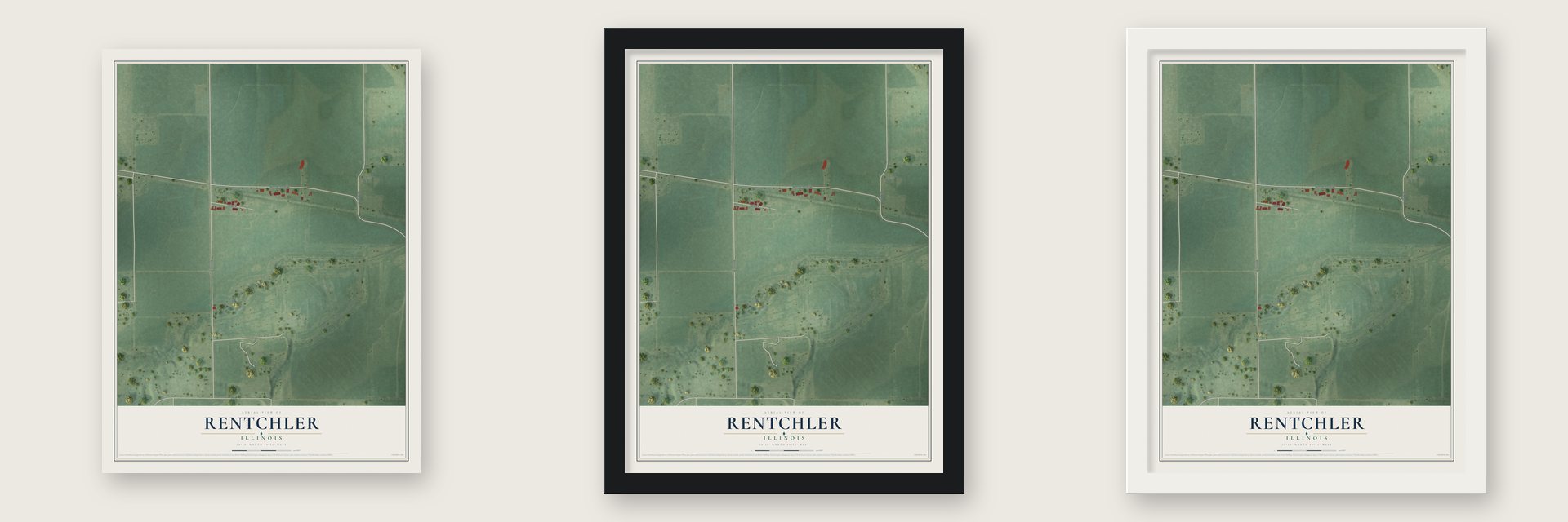 Rentchler, Illinois map unframed, in a black wood frame and in a white wood frame