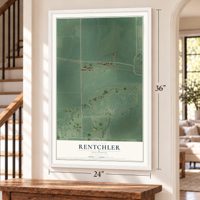 Rentchler, Illinois map, 24 x 36 inch print in a white frame by a staircase