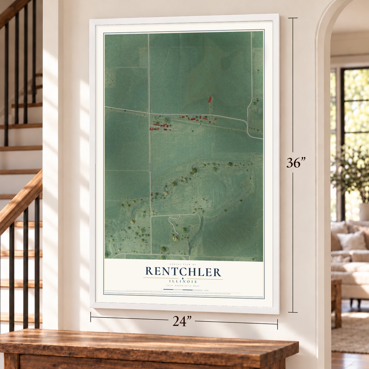 Rentchler, Illinois map, 24 x 36 inch print in a white frame by a staircase