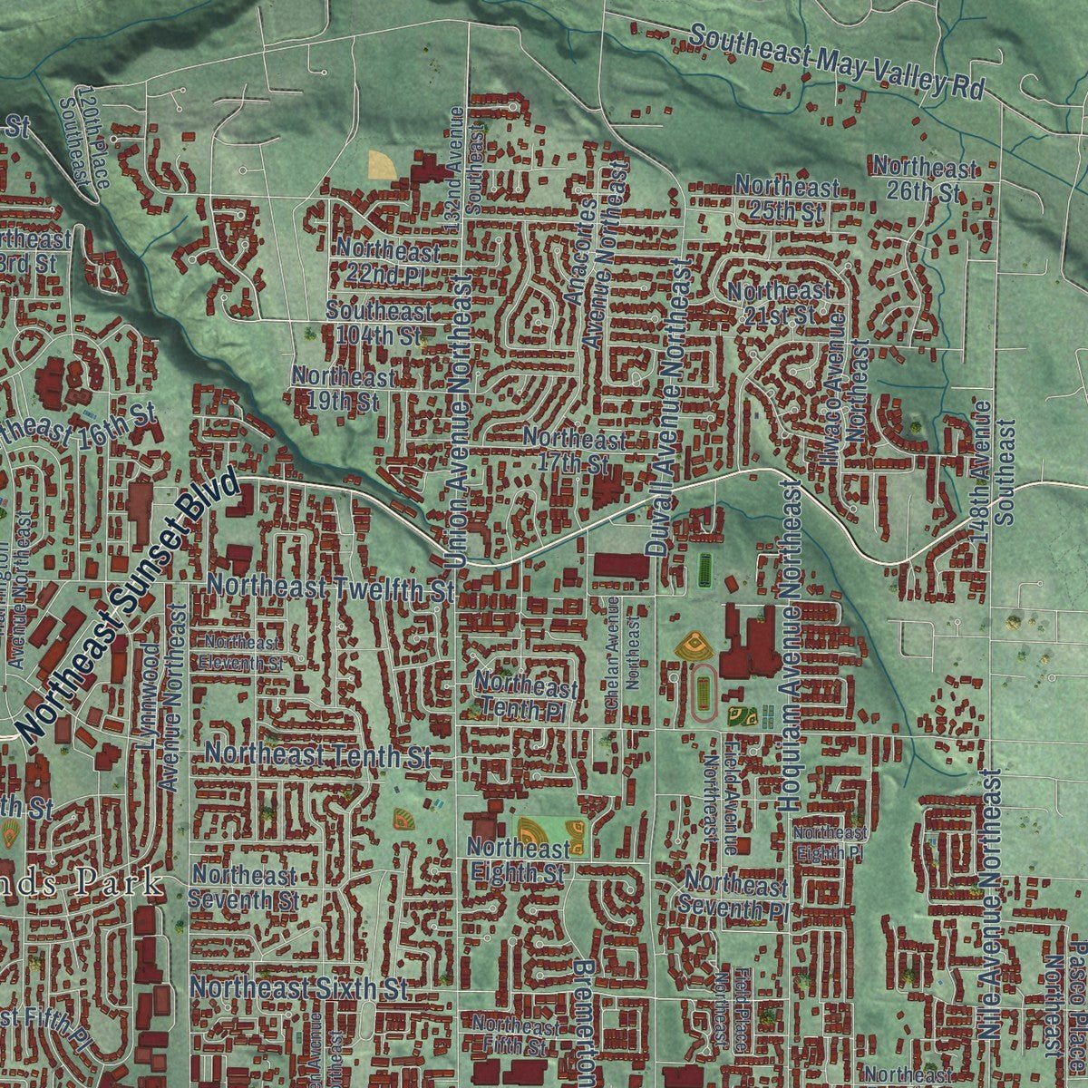 Second close-up of the map of Renton, Washington print showing more streets and buildings