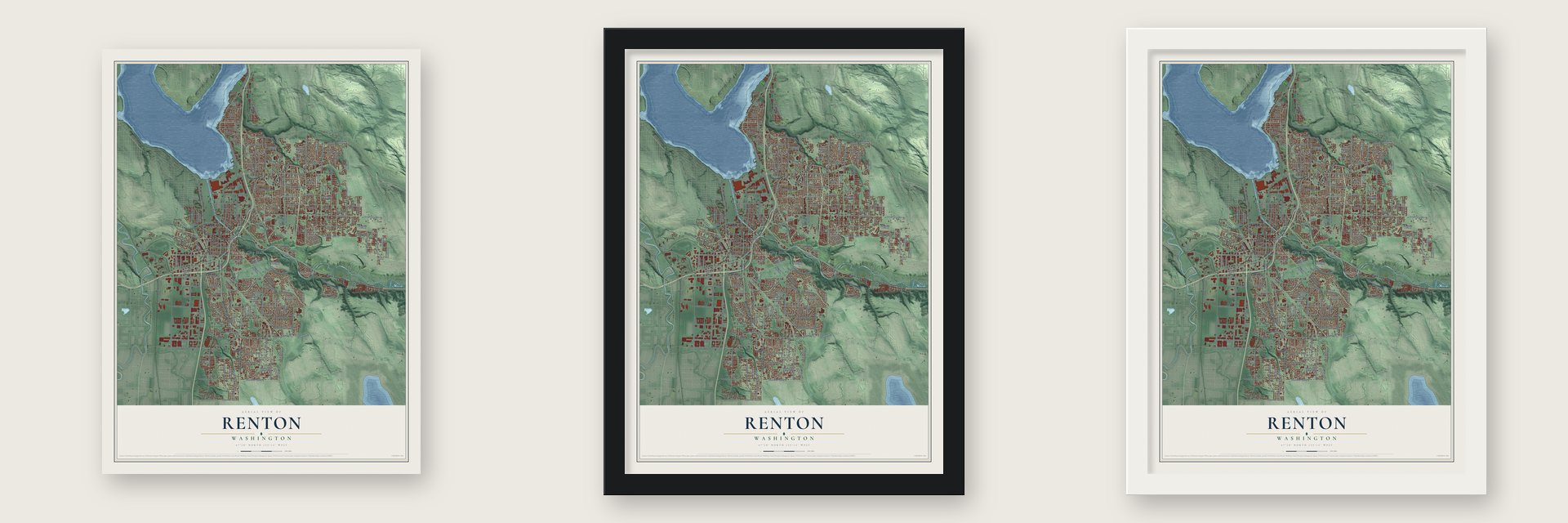 Renton, Washington map unframed, in a black wood frame and in a white wood frame