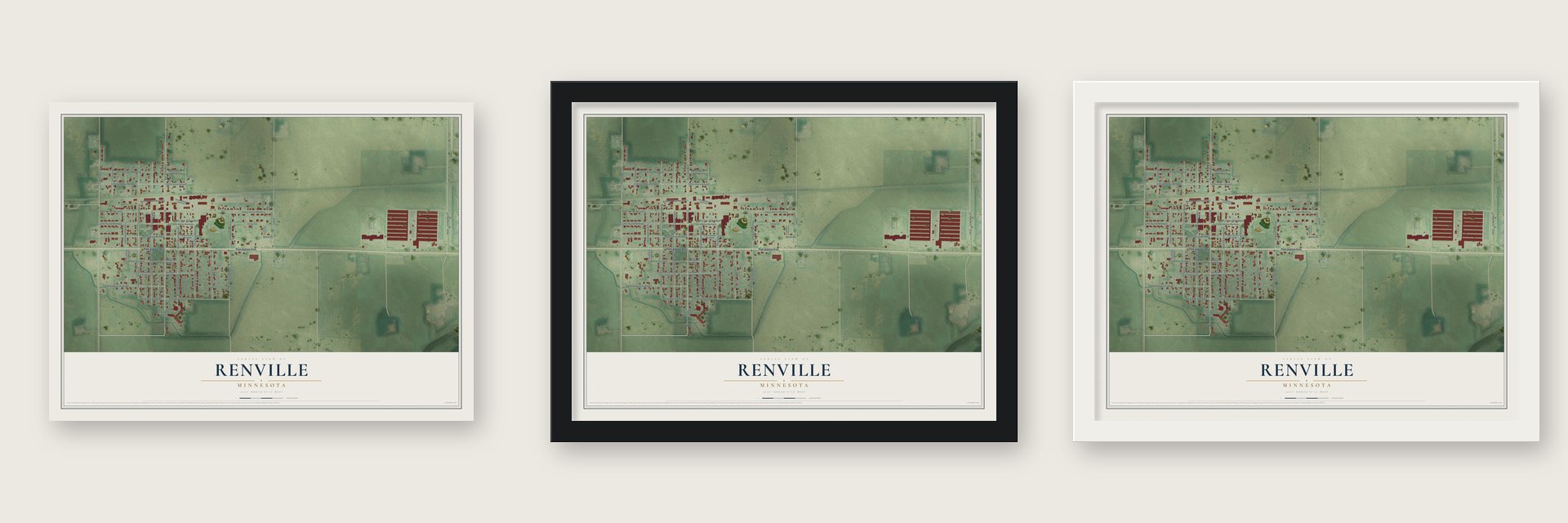 Renville, Minnesota map unframed, in a black wood frame and in a white wood frame