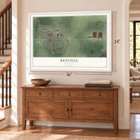Renville, Minnesota map, 24 x 36 inch print in a white frame above a dresser by a staircase