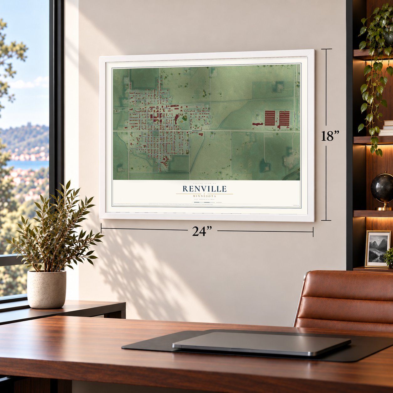 Renville, Minnesota map, 18 x 24 inch print in a white frame in a home office