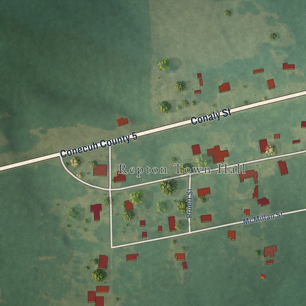 Second close-up of the map of Repton, Alabama print showing more streets and buildings