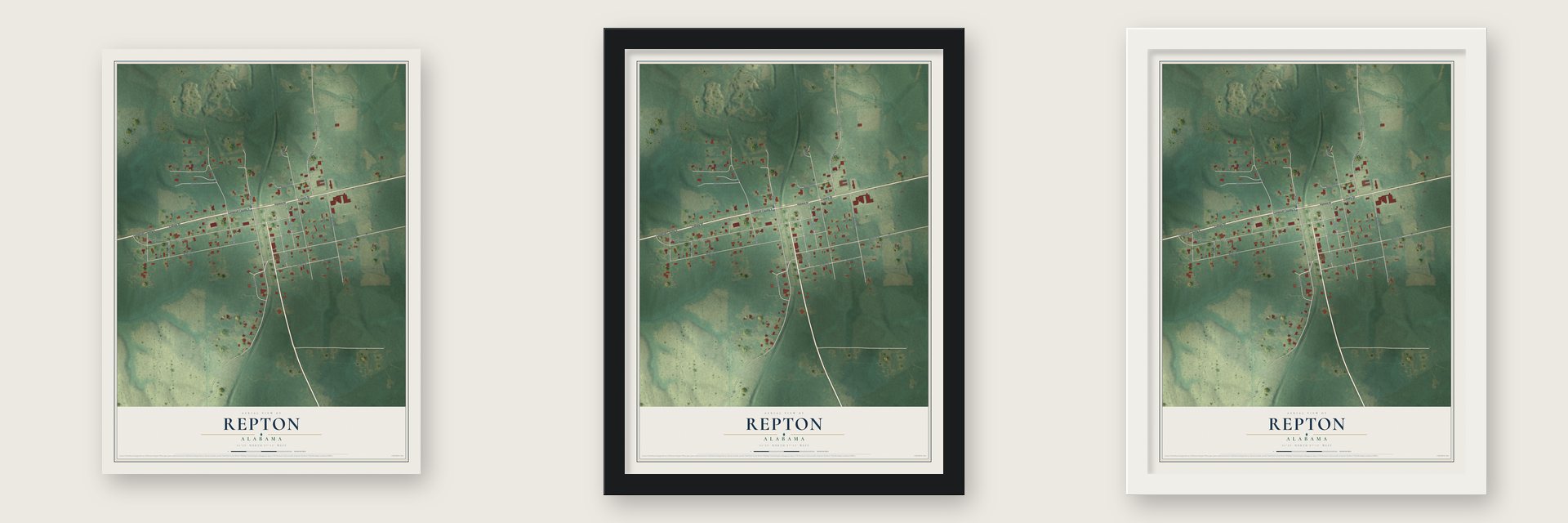 Repton, Alabama map unframed, in a black wood frame and in a white wood frame