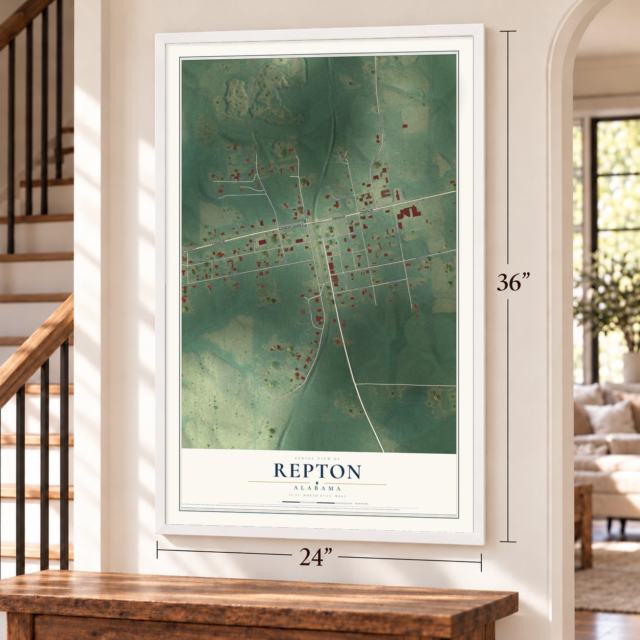 Repton, Alabama map, 24 x 36 inch print in a white frame by a staircase