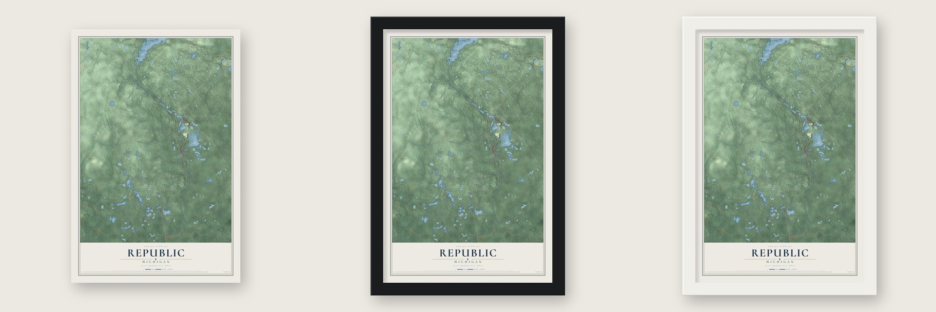 Republic, Michigan map unframed, in a black wood frame and in a white wood frame