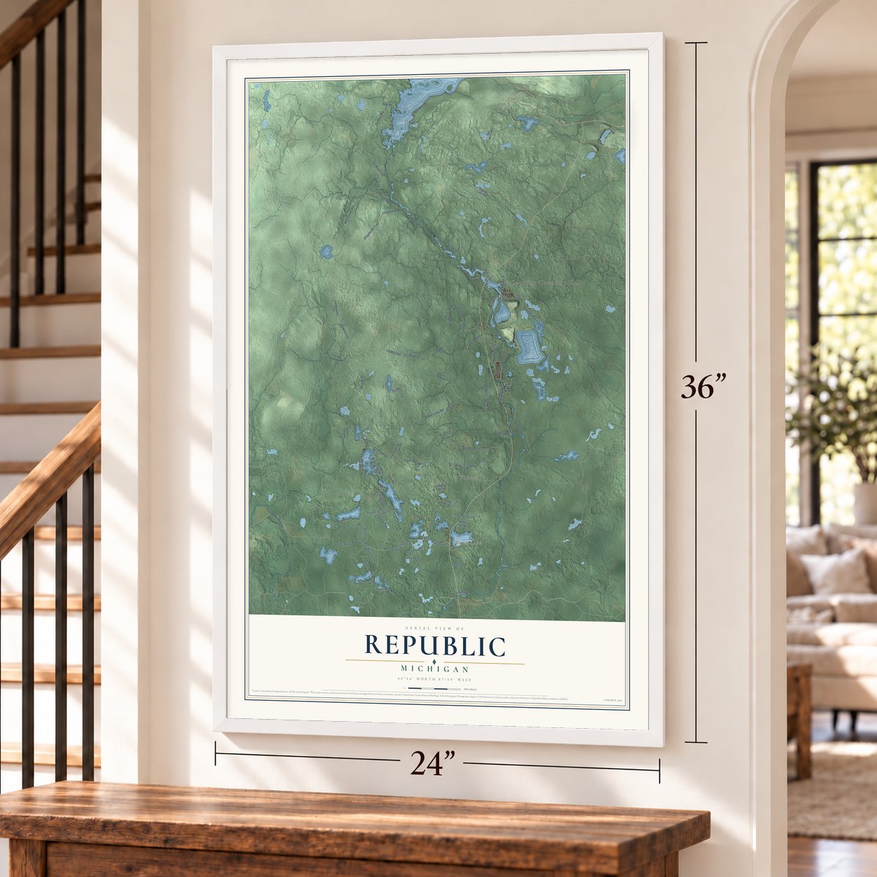 Republic, Michigan map, 24 x 36 inch print in a white frame by a staircase