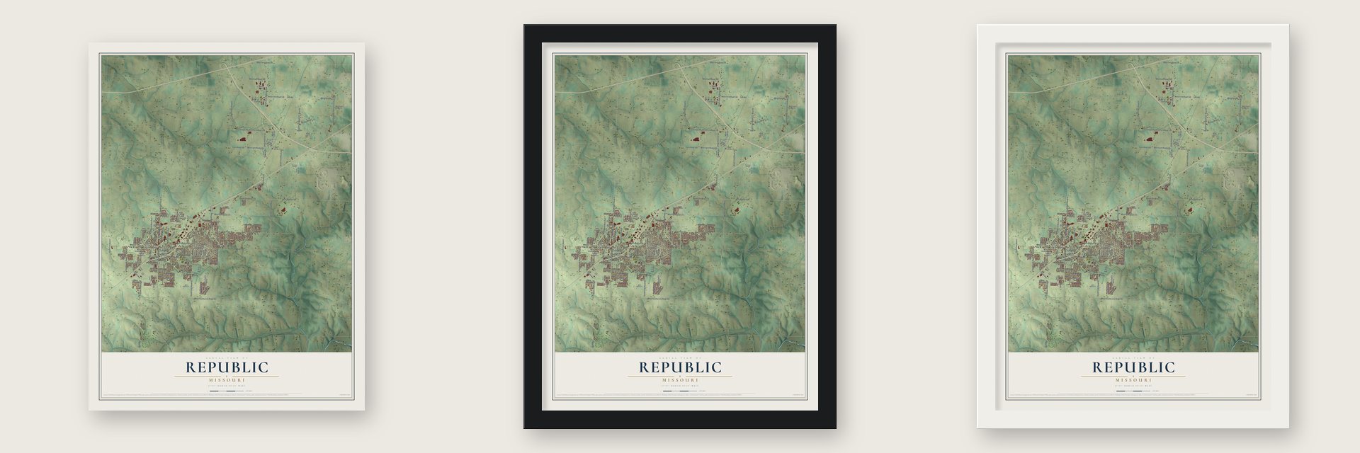 Republic, Missouri map unframed, in a black wood frame and in a white wood frame