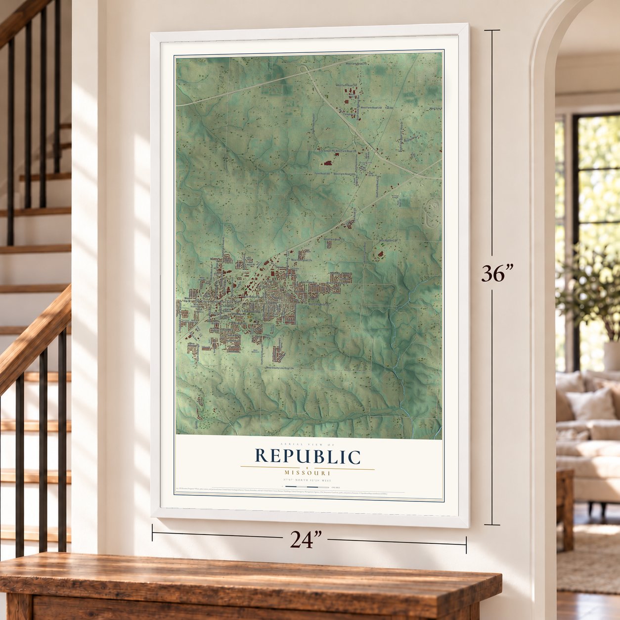 Republic, Missouri map, 24 x 36 inch print in a white frame by a staircase