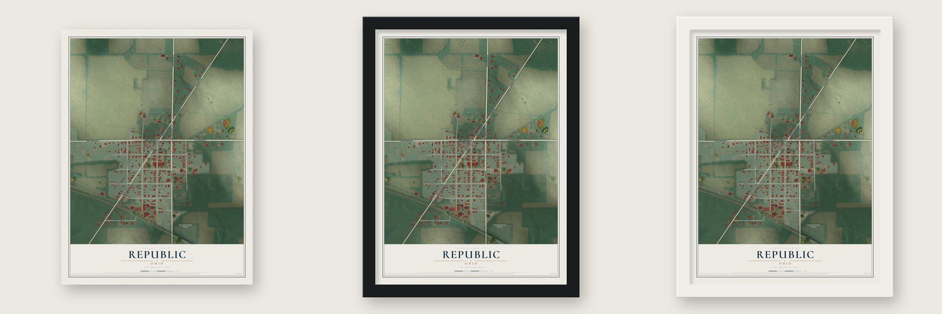 Republic, Ohio map unframed, in a black wood frame and in a white wood frame
