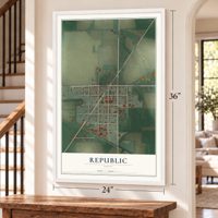 Republic, Ohio map, 24 x 36 inch print in a white frame by a staircase