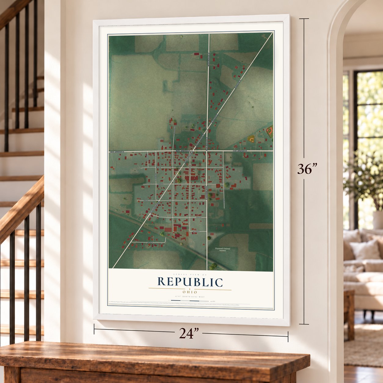 Republic, Ohio map, 24 x 36 inch print in a white frame by a staircase