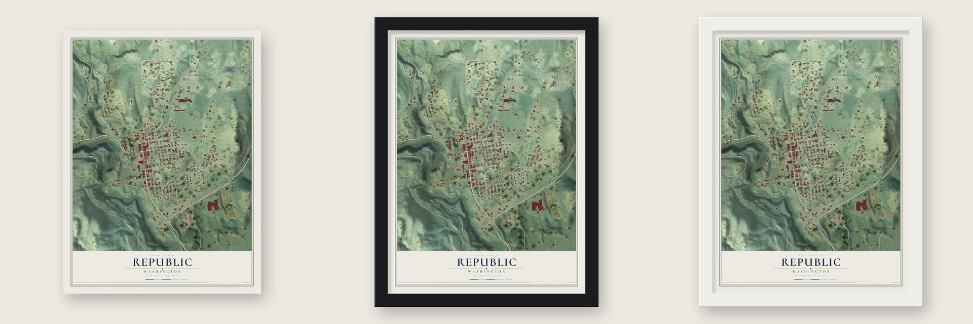 Republic, Washington map unframed, in a black wood frame and in a white wood frame