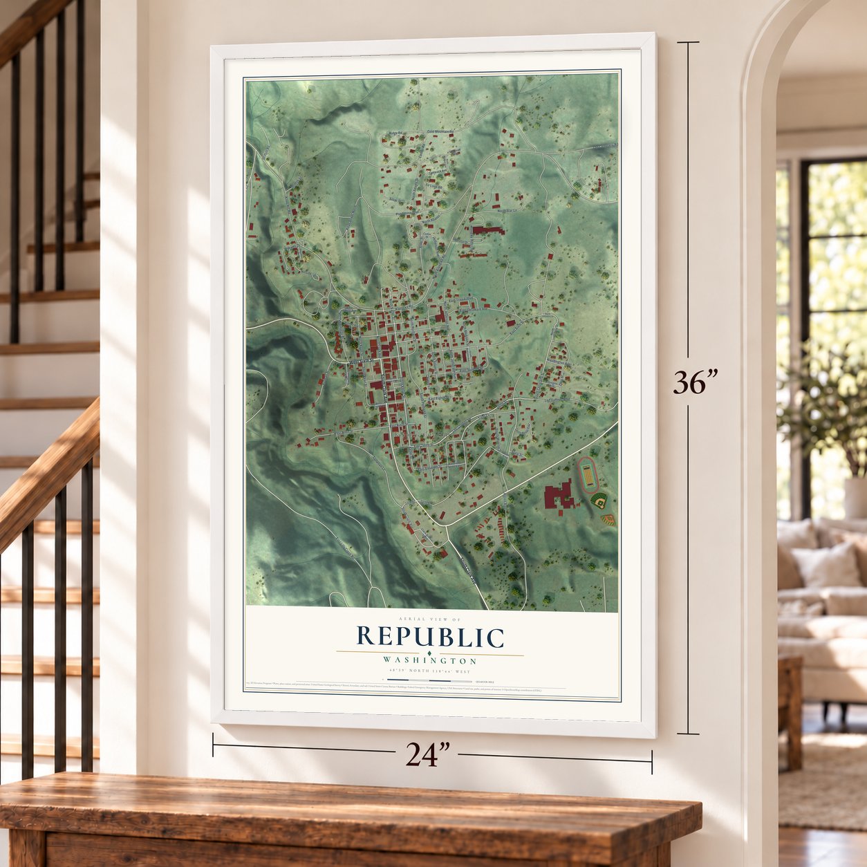 Republic, Washington map, 24 x 36 inch print in a white frame by a staircase