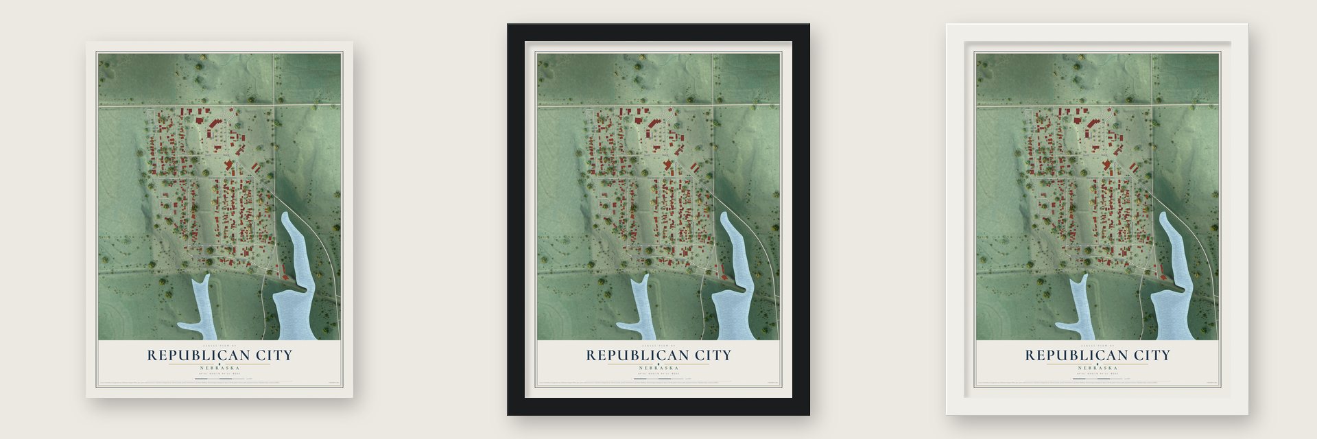 Republican City, Nebraska map unframed, in a black wood frame and in a white wood frame