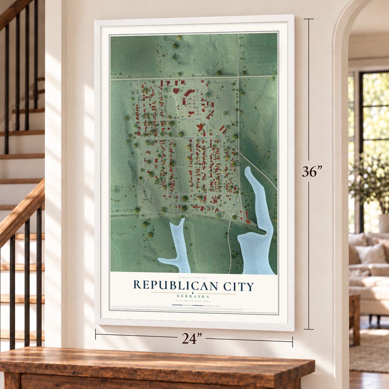 Republican City, Nebraska map, 24 x 36 inch print in a white frame by a staircase