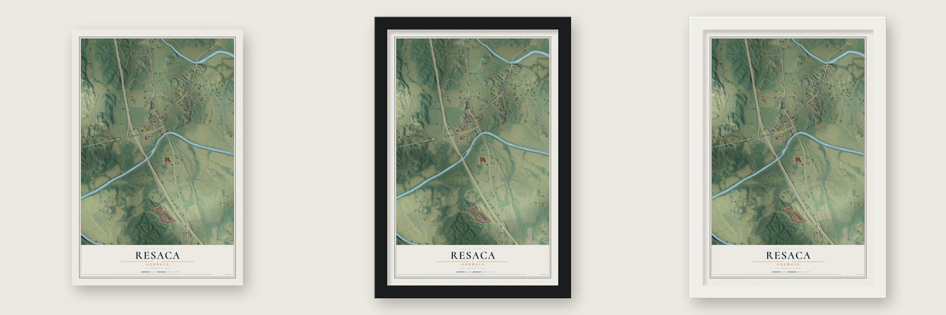 Resaca, Georgia map unframed, in a black wood frame and in a white wood frame