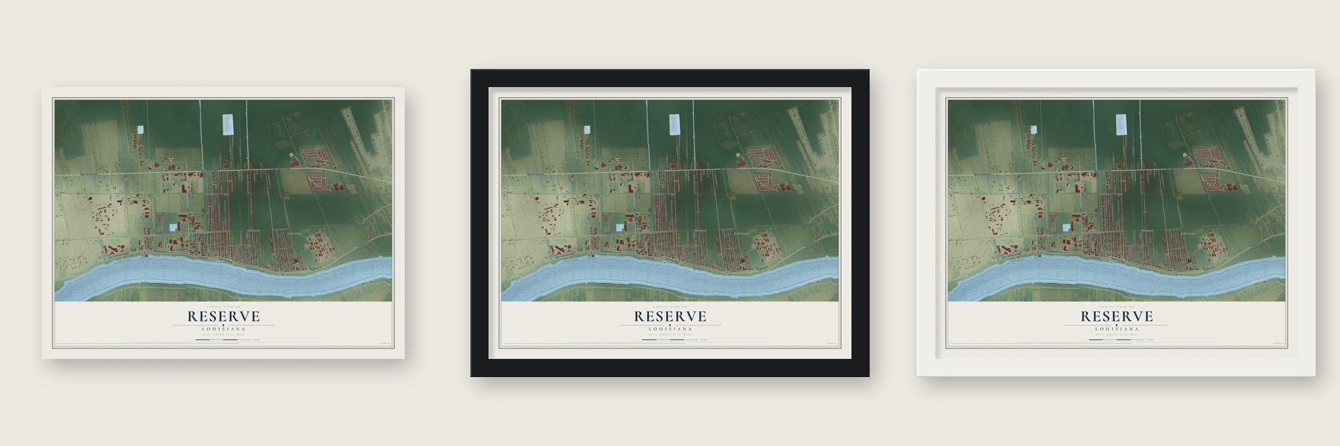 Reserve, Louisiana map unframed, in a black wood frame and in a white wood frame