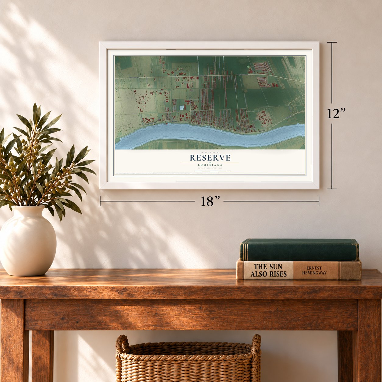 Reserve, Louisiana map, 12 x 18 inch print in a white frame in an entryway