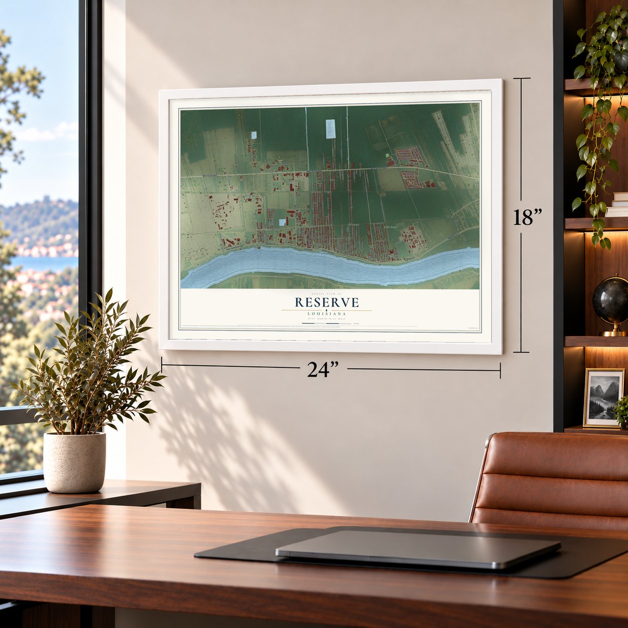 Reserve, Louisiana map, 18 x 24 inch print in a white frame in a home office