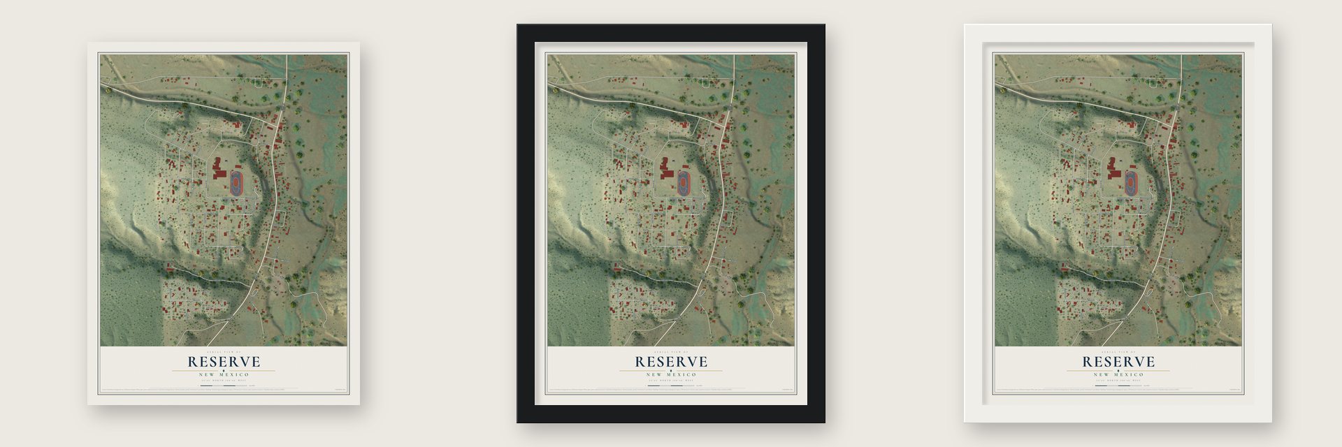 Reserve, New Mexico map unframed, in a black wood frame and in a white wood frame