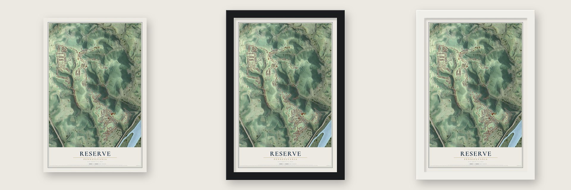 Reserve, Pennsylvania map unframed, in a black wood frame and in a white wood frame