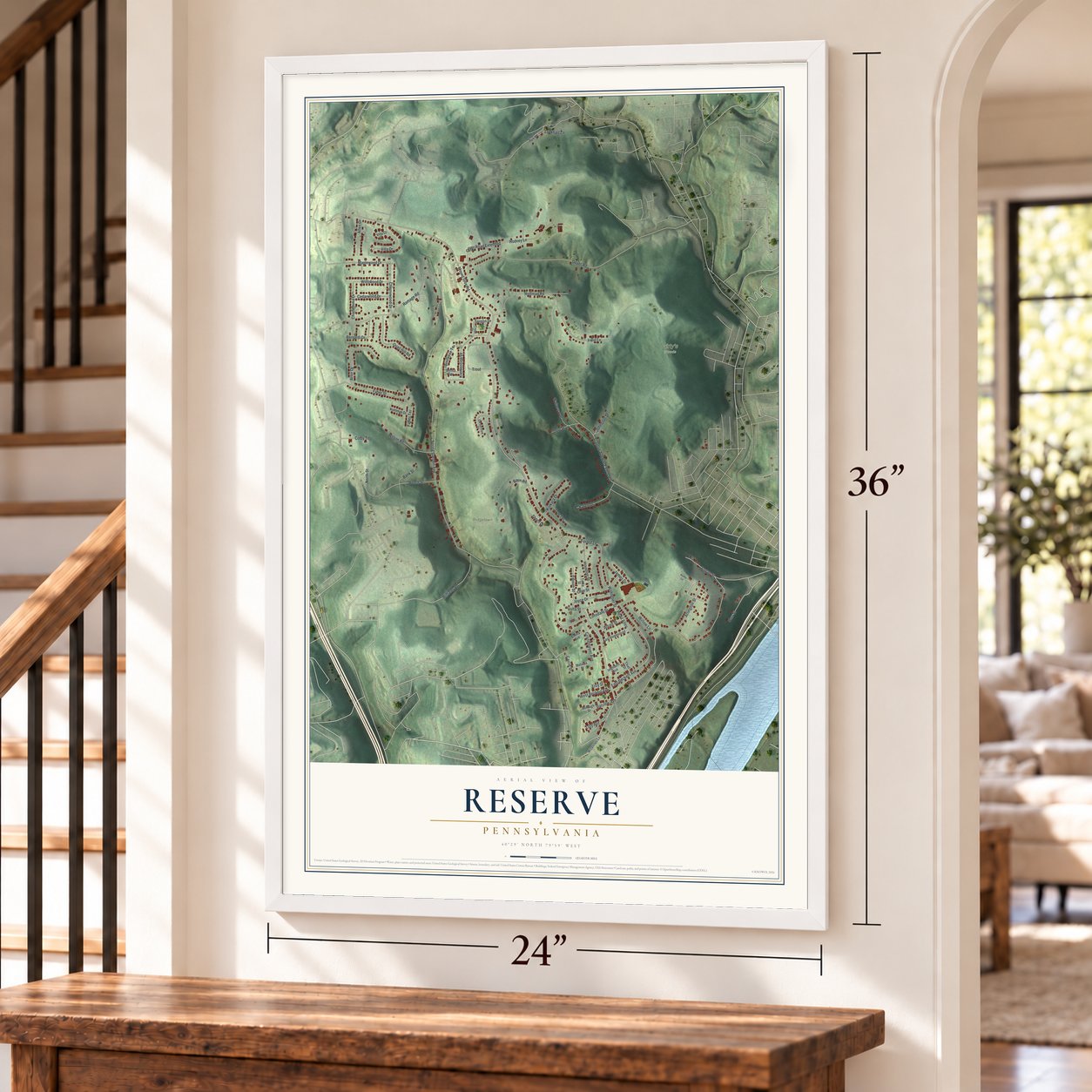 Reserve, Pennsylvania map, 24 x 36 inch print in a white frame by a staircase