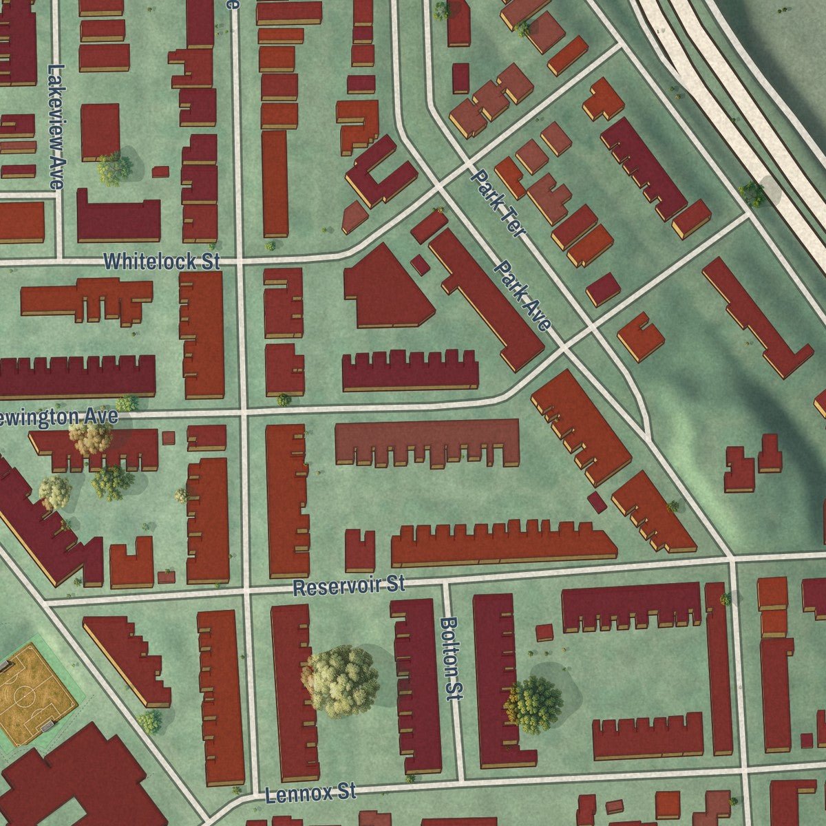 Second close-up of the map of Reservoir Hill, Maryland print showing more streets and buildings