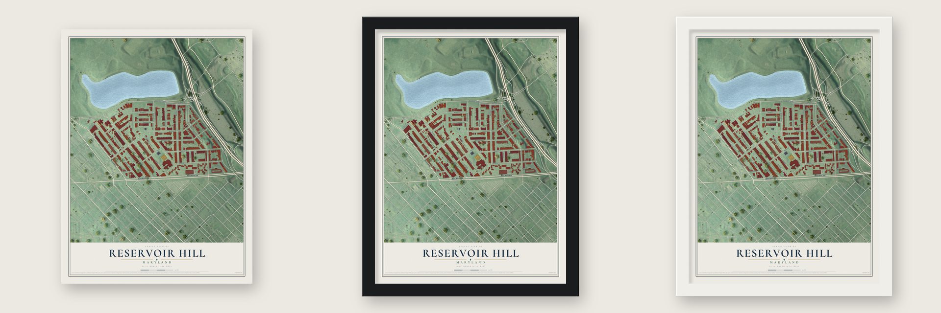 Reservoir Hill, Maryland map unframed, in a black wood frame and in a white wood frame