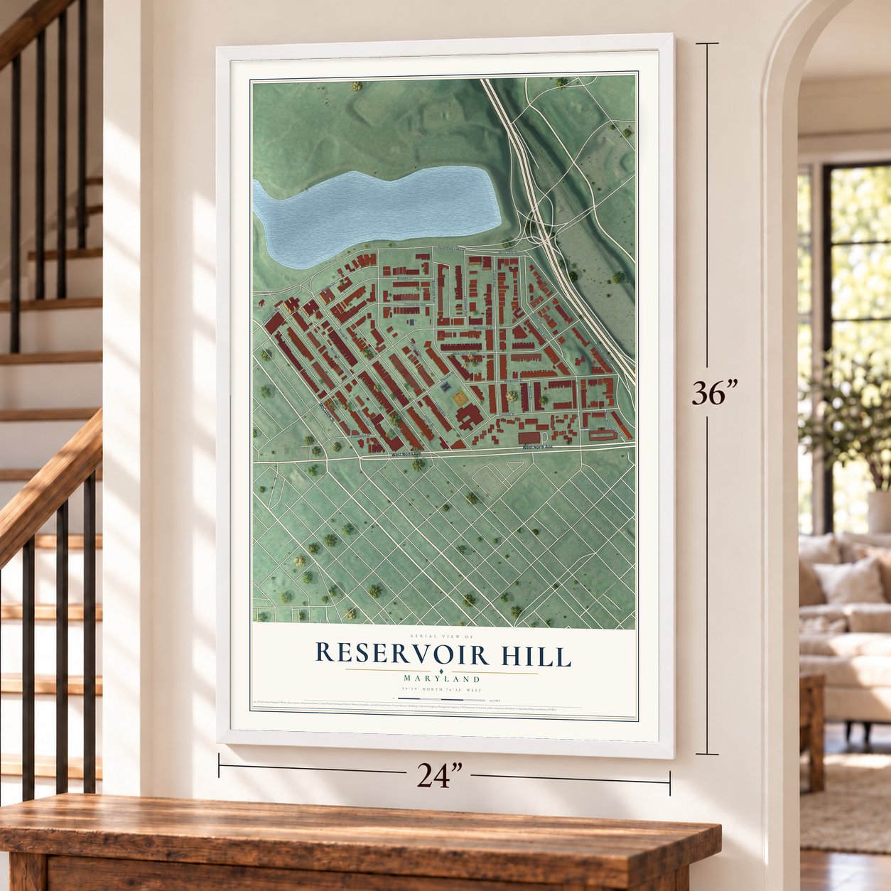 Reservoir Hill, Maryland map, 24 x 36 inch print in a white frame by a staircase