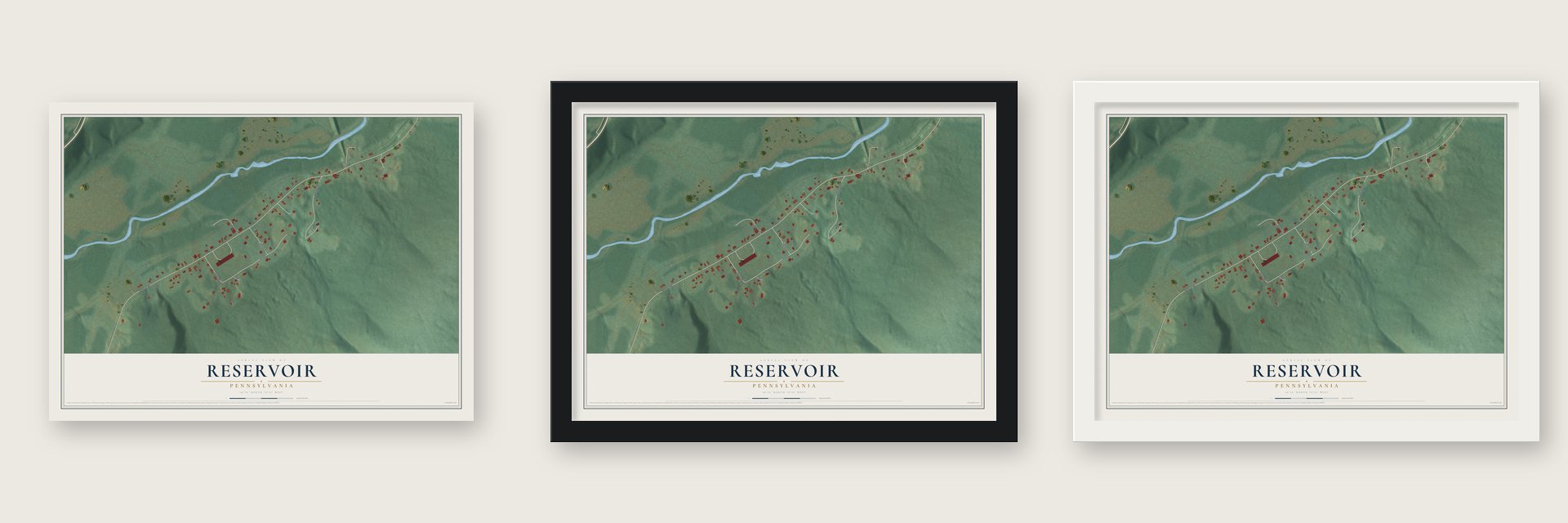 Reservoir, Pennsylvania map unframed, in a black wood frame and in a white wood frame
