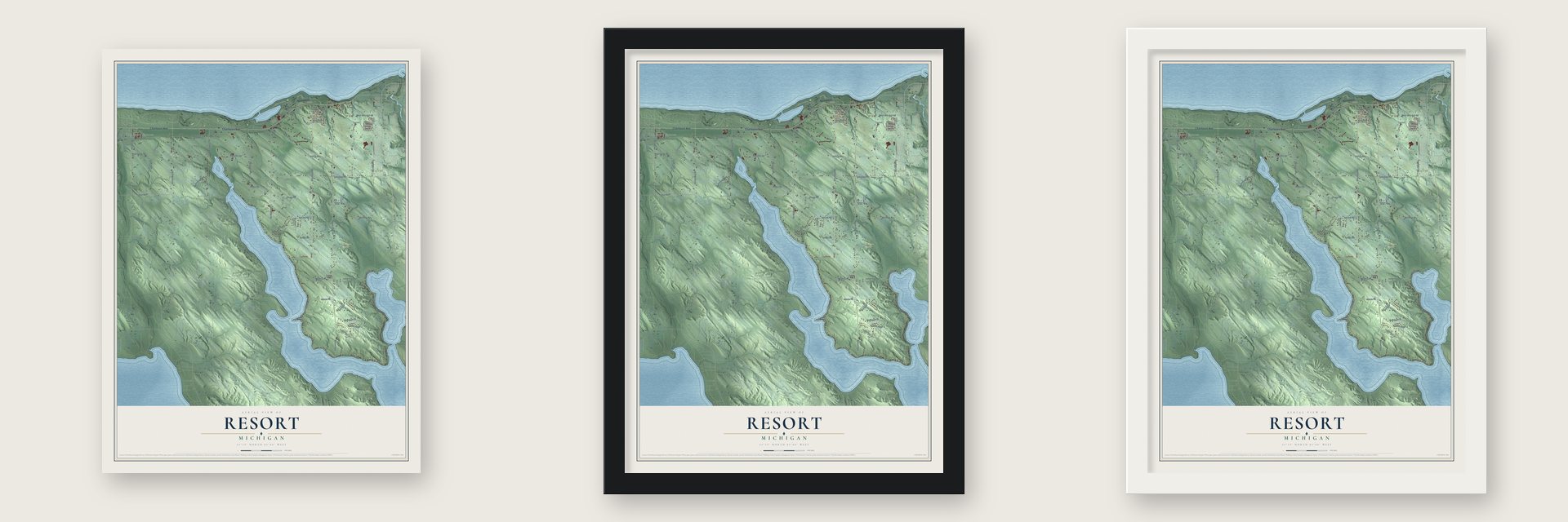 Resort, Michigan map unframed, in a black wood frame and in a white wood frame